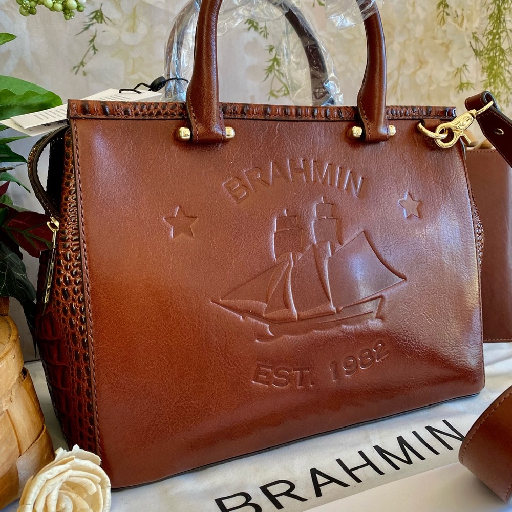 🍂RARE 2pc🍂Brahmin *ELTON SCHOONER* STAMPED LOGO Satchel and ADY Wallet